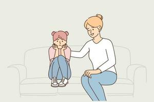 Caring mother stroking upset daughter on back sitting on couch after quarrel or important conversation. Kind mother supports teenage girl and wants to distract child during separation from father vector