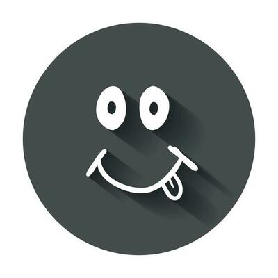 Simple smile with tongue vector icon. Hand drawn face doodle illustration with long shadow.