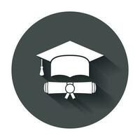 Graduation cap and diploma scroll icon vector illustration in flat style. Finish education symbol. Celebration element with long shadow.