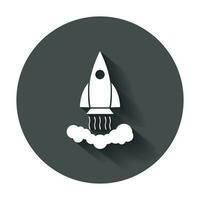 Rocket vector pictogram icon. Business startup launch concept for web site design or mobile app. Illustration on black background with long shadow.