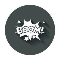 Boom comic sound effects. Sound bubble speech with word and comic cartoon expression sounds. Vector illustration with long shadow.