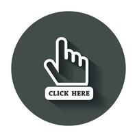 Click here icon. Hand cursor signs. Black button flat vector illustration with long shadow.