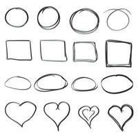 Hand drawn circles, squares and hearts icon set. Collection of pencil sketch symbols. Vector illustration on white background.