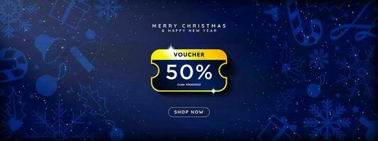 Luxurious Blue and Gold Online Christmas 50 Voucher on dark blue gradient background with decorative christmas elements and Shop Now CTA Button. Pop up coupon with space for code and 50 off. Vector