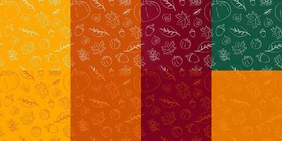 Set of Autumn hand-drawn pattern on assorted fall colors. Autumn leaves, maple leaves, acorn, pumpkin. Fall pattern vector illustration. EPS 10.