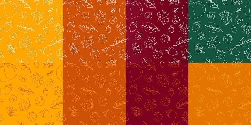 Set of Autumn hand-drawn pattern on assorted fall colors. Autumn leaves, maple leaves, acorn, pumpkin. Fall pattern vector illustration. EPS 10.
