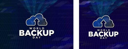 World Backup Day Greeting Card and Banner. Cloud Storage Icon with stream of files being uploaded online for backup storage. Horizontal banner and square card. Editable Vector Illustration. EPS 10