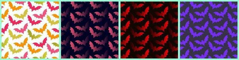 Set of Multicolored and gradient Bat pattern. Seamless Colorful Bat pattern isolated on white background. Gradient Bats on dark background. Neon bat pattern. Repeatable Vector Illustrations. EPS 10.