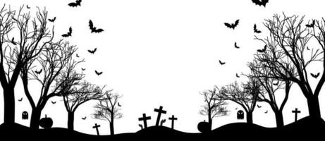 Scary black forest and cemetery with flying bats isolated on white background. Perfect for Halloween Backgrounds. Zombies rising from the dead. Group of flying bats in sky. Vector Illustration.