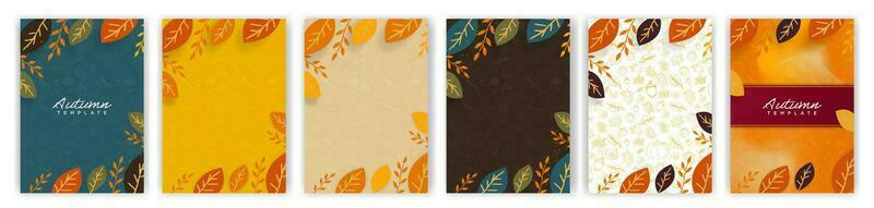 Set of Autumn or Fall themed background templates. Frame of leaves on hand-drawn autumn elements on background. Editable Vector Illustration.