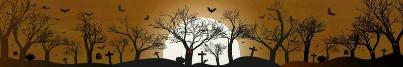 Long Scary Forest Header on orange sunset background with giant full moon. Halloween Horizontal Banner of dark tree silhouettes with flying bats, graves, ghosts, and zombie. Vector Illustration.