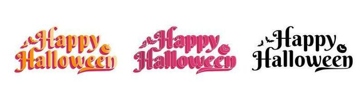 Cute Colorful Happy Halloween Typography Art, isolated on white background. Happy Halloween in orange and pink red lettering with curls, bats, and pumpkins. Happy Halloween in black. Vector Art.