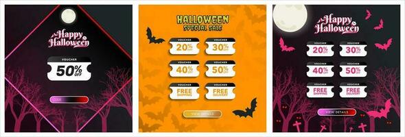 Set of Hello Halloween special sale online voucher designs with view details CTA button and space for voucher code. Halloween digital 50 coupon, free shipping, free delivery. Editable Vector Template