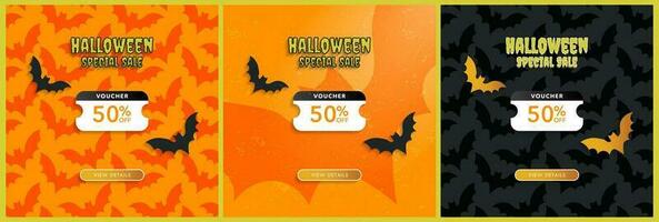 Set of Hello Halloween special sale online voucher designs with view details CTA button and space for voucher code. Halloween digital 50 off coupon, free shipping, free delivery.  Vector Template