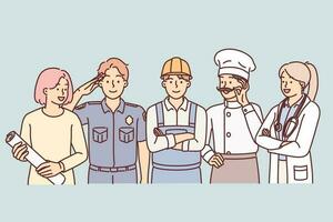 People of different professions stand together next to service uniforms for labor day banner. Successful cook with doctor near young policeman and builder offer to celebrate labor day vector