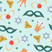 Purim seamless pattern with masks, glasses, Star of David and purim cookies on blue background. vector