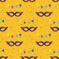 Purim masks seamless pattern with confetti. For textile, wrapping paper, paper, posters, cards design. vector