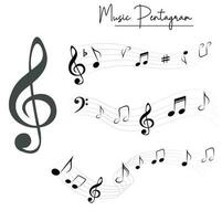 Music notes flat vector set isolated on black and white background. Song, melody or tune vector illustration. Music note icon for musical apps and websites. Music symbol. Music pentagram.