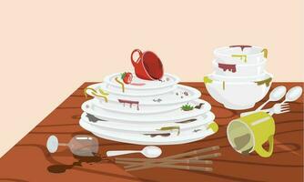 Stack of dirty dishes on wood table. Pile of unwashed dishes with food stain. White kitchen household cutlery before washing. Detergent label design template. Flat vector  in cartoon style.