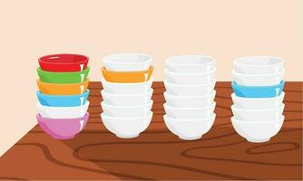 White and multicolor ceramic bowl stack on wood table vector illustration. Flat vector isolated. White bowl stack clipart, multicolor bowl stack clipart in cartoon style. Pile of bowl vector.