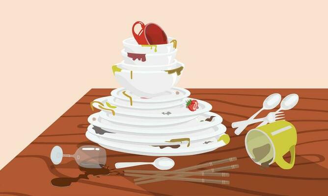 Stack of dirty dishes on wood table. Pile of unwashed dishes with food stain. White kitchen household cutlery before washing. Detergent label design template. Flat vector  in cartoon style.