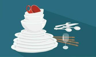 White ceramic bowl and plate stack vector set. Kitchen household concept. Pile of bowl and plate. Clean dishes vector set isolated on dark background. Pile of dishes. Dishes stack. White dishes.