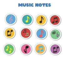 Music notes flat vector set isolated on black and white background. Song, melody or tune vector illustration. Music note icon for musical apps and websites. Music symbol. Music pentagram.