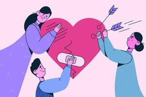 Helping hand, support, volunteering concept. Three kind young people cartoon characters curing and reanimating broken damaged heart together vector illustration