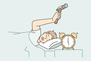 Annoyed man hits alarm clock with hammer not wanting to wake up on day off and go to unloved job. Sleeping guy lying in bed under covers wants to break alarm clock with annoying call vector