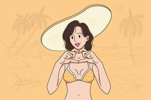 vacaciones y contento gasto hora concepto. joven bonito morena mujer dibujos animados personaje en bikini y sombrero en pie y demostración corazón forma con dedos a playa solo vector ilustración