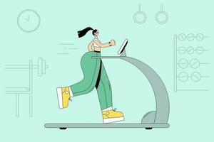 Trainings and sport during COVID-19 pandemic concept. Sportswoman in medical face mask training on treadmill in gym during coronavirus outbreak vector illustration