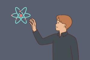 Model of atom or molecule near man stretching hand to scientific element symbolizing innovation in biology or physics. Guy scientist examines particle of atom studying chemicals substance vector