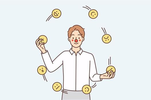 Man with clown face juggles emoticons with different emotions symbolizing attempt to hide own emotions. Guy throws smileys to cheer and make audience or guests laugh in theatrical performance vector