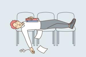 Tired businessman sleeping on chairs lined up due to overworking and lack of rest associated with approaching deadlines. Man office worker sleeping in waiting room with books in hand vector
