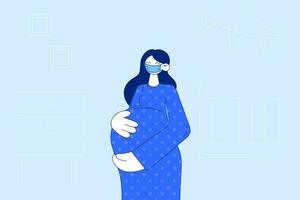 Pregnancy during coronavirus pandemic concept. Young pregnant woman cartoon character wearing medical protection face mask standing and embracing her big tummy vector illustration