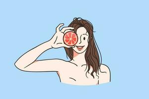 belleza, productos cosméticos, felicidad concepto. sonriente atractivo joven mujer con mojado morena largo pelo en pie demostración reducido a la mitad pomelo vector ilustración