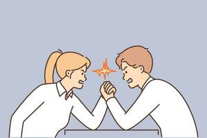 Two colleagues are engaged in arm wrestling competing for good position or promising project for company. Concept of tense negotiations and conflict between employees of corporation vector