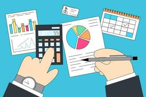 Finance, marketing and tax counting system concept. Hands of accounting businessmen sitting and calculating incomes expenditure analyzing investment data statistics and development vector, top view vector