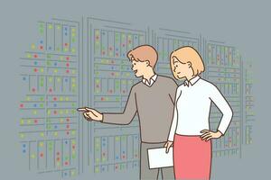 Man and woman inspect server equipment choosing place to store and process big data. Two system administrators are looking at servers to host website or create hosting for it startups vector