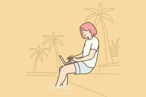 Woman freelancer working with laptop sitting on beach under palm tree or near pool in resort hotel. Successful girl freelancer performs remote work via Internet during relaxing on beach vector