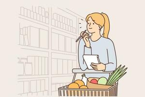 Woman walks around supermarket with cart filled with vegetables and holds checklist in hands to count calories or prices. Girl is shopping in supermarket buying food and healthy organic food vector