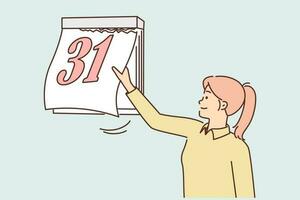 Woman tears off sheet of calendar with number 31 at end of month and beginning of new period. Time management and calendar monitoring concept for schedule abidance and meeting deadlines vector