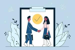 Agreement, partnership, deal concept. Office workers partners standing and shaking hands after successful negotiations online vector illustration