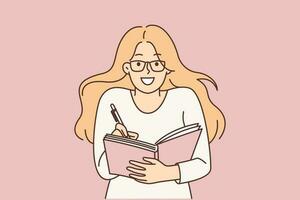 Smart woman student holds pen and notepad writing down lecture plan or keeping diary with secret desires. Cute girl with glasses uses notepad for time management and control over plans vector