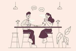 Small business and cafeteria concept. Young smiling couple man and woman sitting together and drinking coffee in modern coffee shop cafeteria having date vector illustration