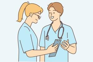 Man and woman dressed as doctors are discussing with smile treatment of patient or correct diagnostic measures. Guy with girl work as doctors surgeons in hospital and build career in field of medicine vector