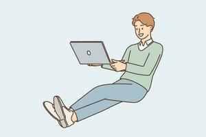 Business man with laptop on lap hovers in zero gravity doing work remotely and communicating with colleagues via Internet. Guy freelancer with laptop works as copywriter or programmer vector