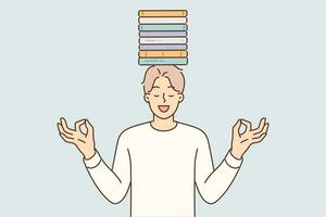 Meditating man with books on head stands with eyes closed trying to maintain balance between study and rest. Young guy student or high school student with textbooks for independent education vector