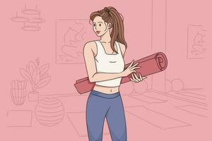 sano activo estilo de vida concepto. joven positivo niña dibujos animados personaje en pie y participación aptitud estera para deporte rutina de ejercicio a hogar sensación contento vector ilustración