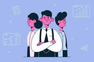 Teamwork, coworking, business development concept. Office workers partners standing back to back as parts of one team with business growth arrows at background vector illustration